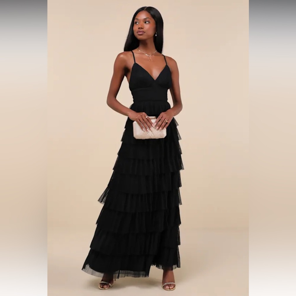 Radiant Event Black Mesh Tiered Pleated Backless
Maxi Dress